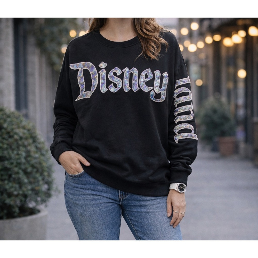 Womens Disney "Disneyland" Long Sleeve Top Black Silver Shimmer XL